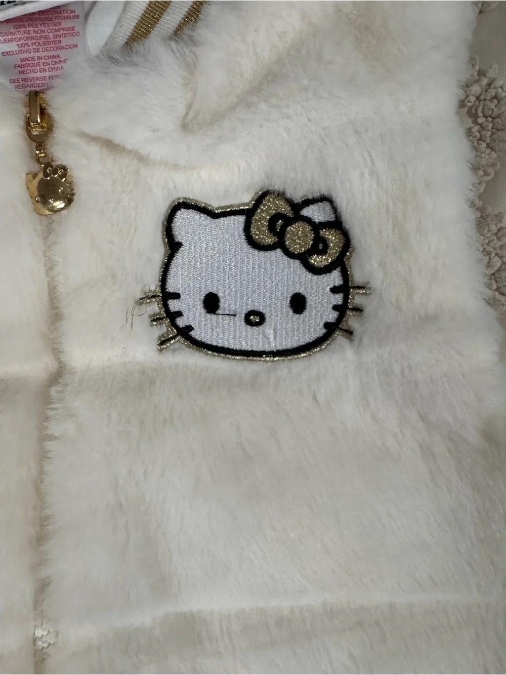 Hello Kitty White Faux Fur Zip Vest with Gold Trim